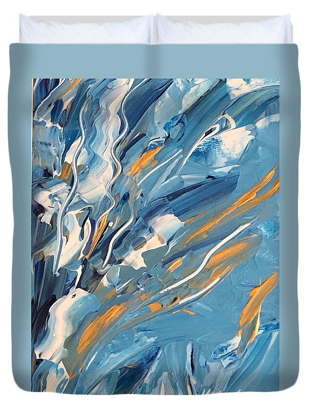 Garden Blue Gold Sea. Sky Duvet Cover featuring the painting Jardin bleu by Medge Jaspan