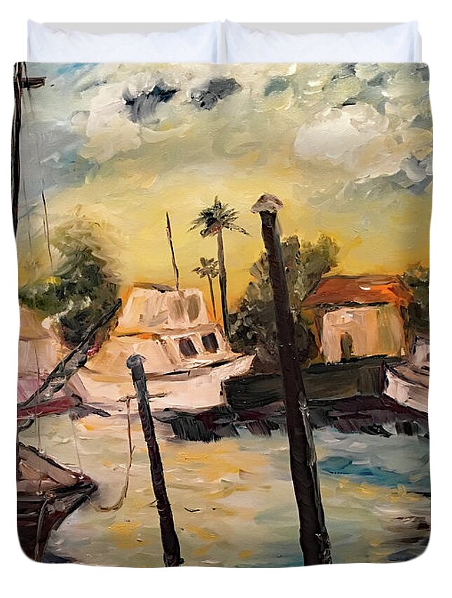 Harbor Duvet Cover featuring the painting Jeannes Harbor by Roxy Rich