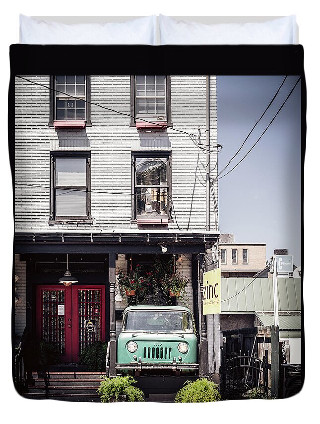Lambertville Duvet Cover featuring the photograph Jeep On The Porch by Steve Stanger