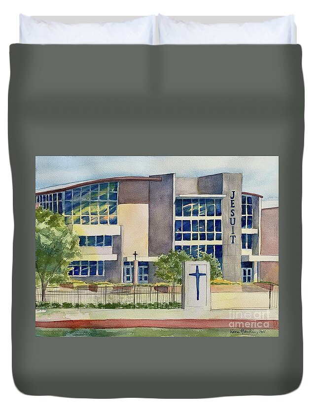 Jesuit Duvet Cover featuring the painting Jesuit College Preparatory School of Dallas by Liana Yarckin