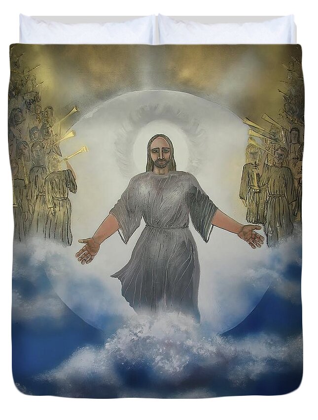 Heaven Duvet Cover featuring the painting Jesus The Saviour - Glory To God by Joan Stratton