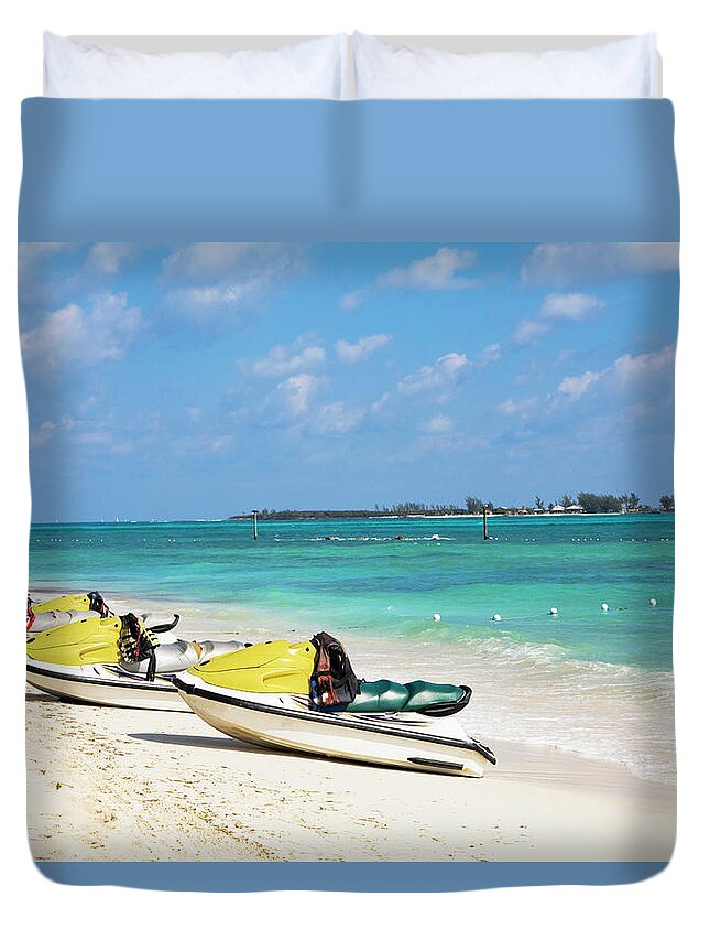 In A Row Duvet Cover featuring the photograph Jet Boats On The Beach, Cable Beach by Glowimages