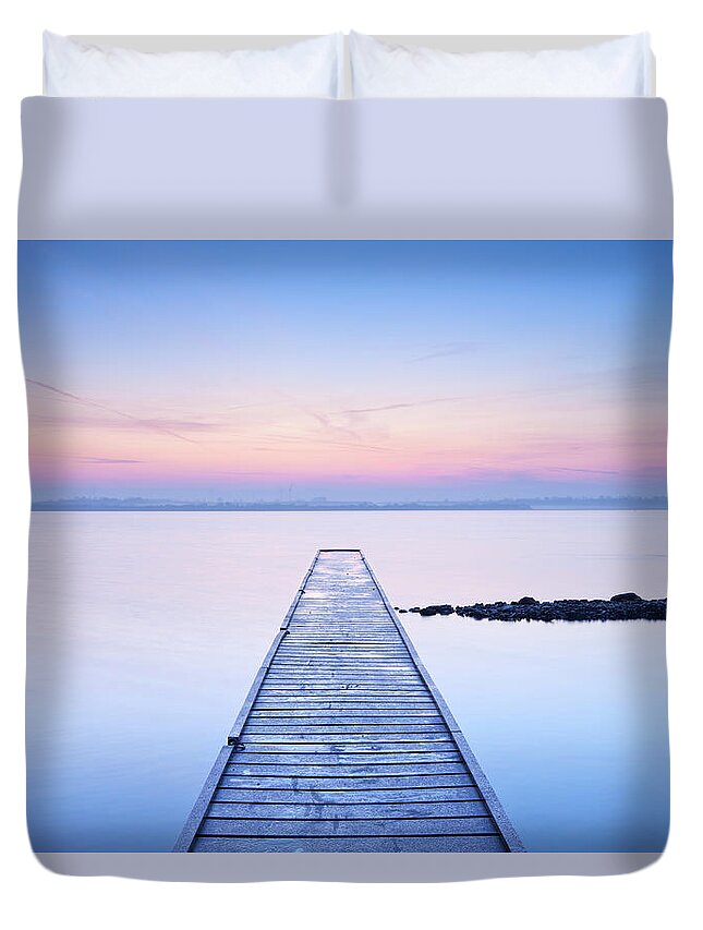 Water's Edge Duvet Cover featuring the photograph Jetty On A Still Lake At Sunrise by Sara winter