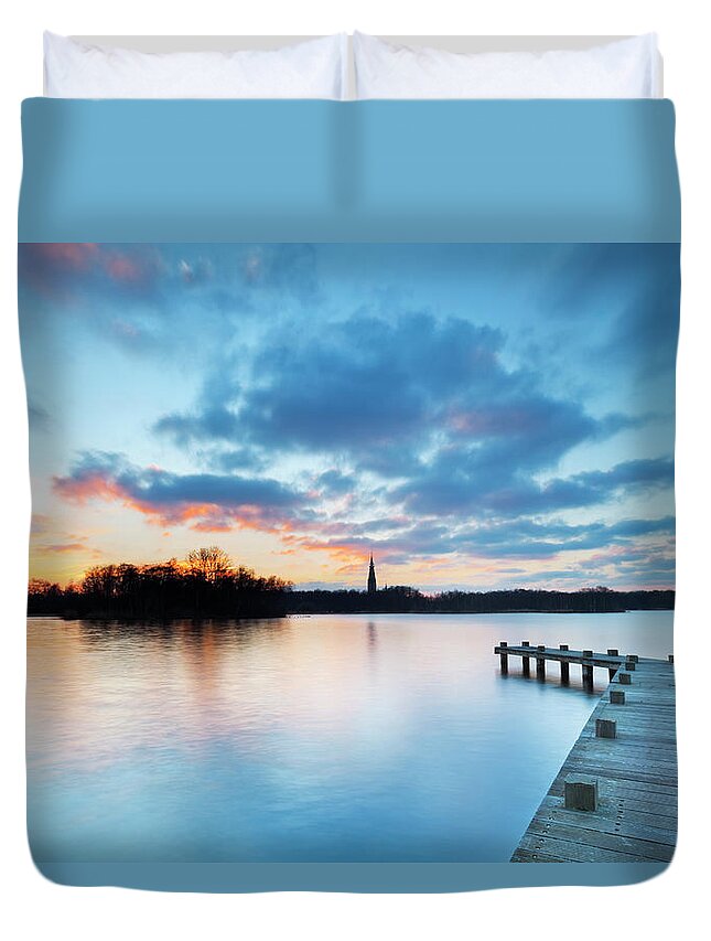 Water's Edge Duvet Cover featuring the photograph Jetty On Lake At Sunset In Amsterdamse by Sara winter