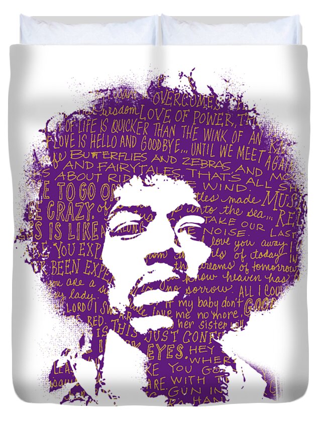 Jimi Hendrix Duvet Cover featuring the painting Jimi Hendrix - gold lyrics by Art Popop