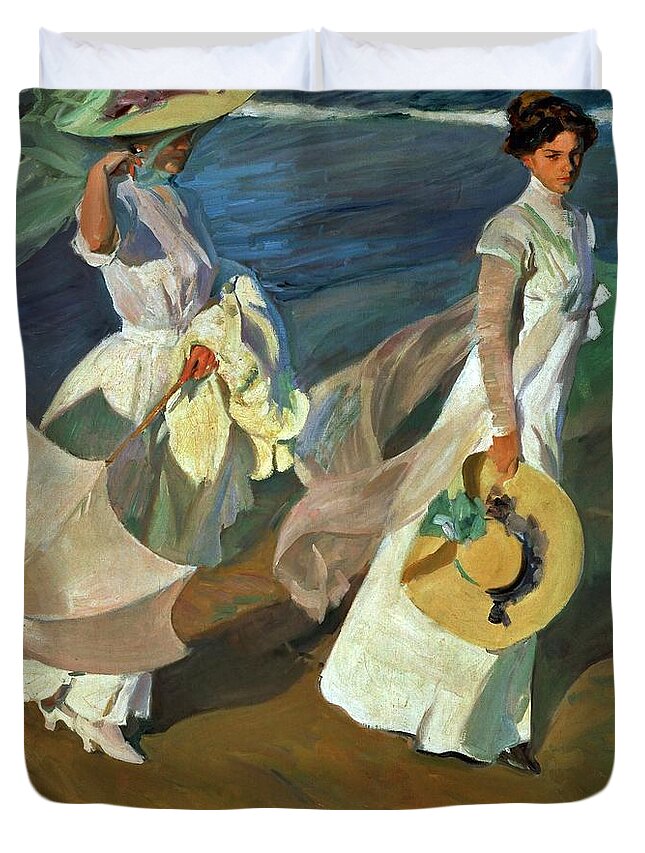 Joaquin Sorolla Duvet Cover featuring the painting Joaquin Sorolla / 'Walk on the Beach', 1909, Oil on canvas, 205 x 200 cm. by Joaquin Sorolla -1863-1923-
