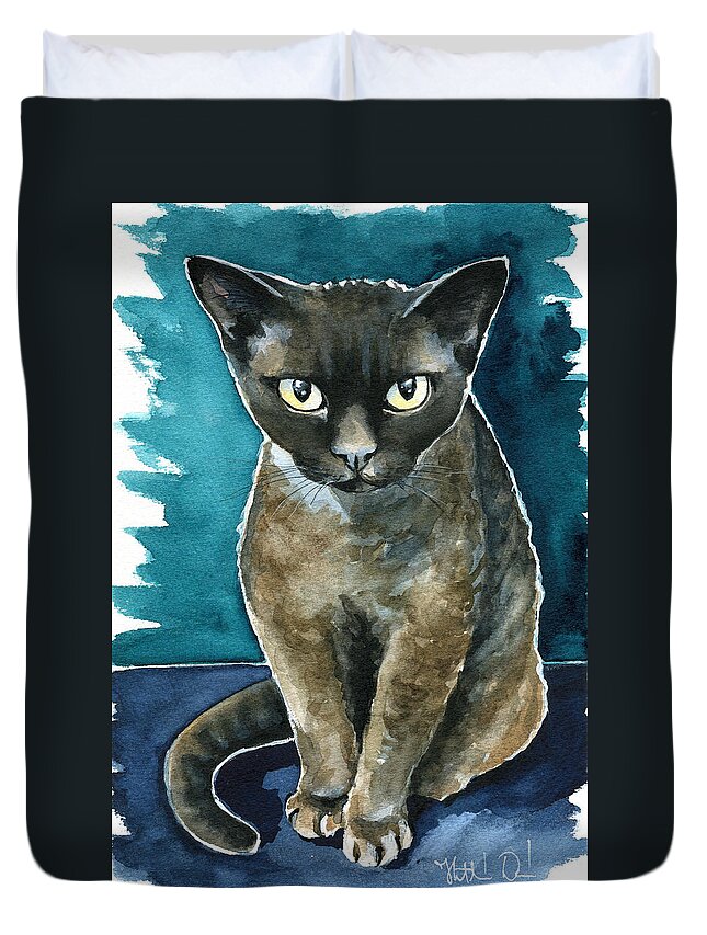 Cats Duvet Cover featuring the painting Joey - Devon Rex Cat Painting by Dora Hathazi Mendes