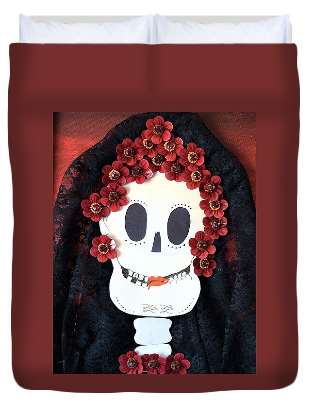 Day Of The Dead Duvet Cover featuring the mixed media Josefina by Charla Van Vlack