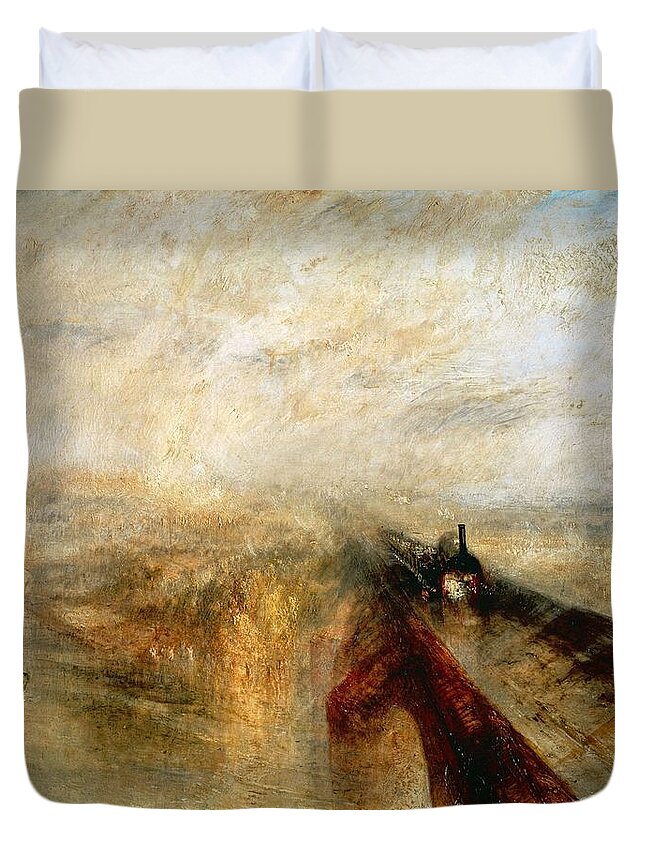 Joseph Mallord William Turner Duvet Cover featuring the painting Joseph Mallord William Turner / 'Rain, Steam and Speed -The Great Western Railway-', 1844. by Joseph Mallord William Turner -1775-1851-