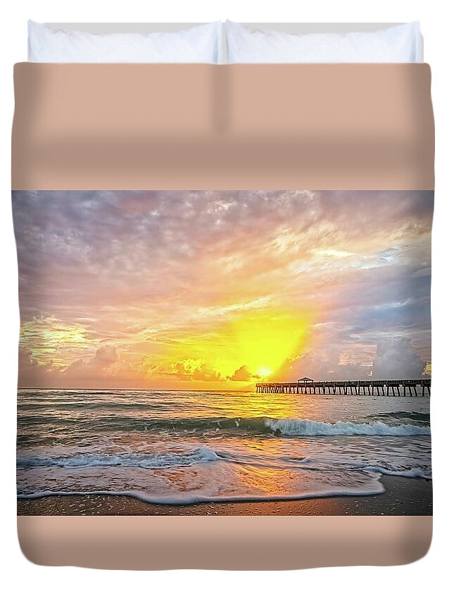 Beach Duvet Cover featuring the photograph Juno Beach Pier Sunrise 2 by Steve DaPonte