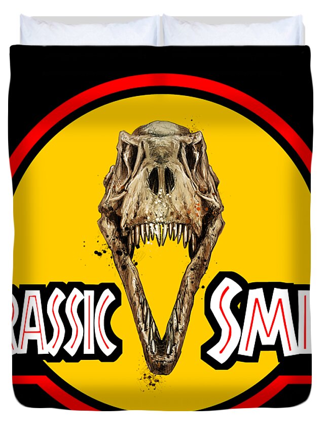 Sci-fi Duvet Cover featuring the digital art Jurassic Smile Skull by Andrea Gatti