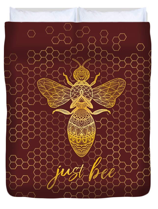 Just Bee Duvet Cover featuring the digital art Just Bee - Geometric Zen Bee Meditating over Honeycomb Hive by Laura Ostrowski