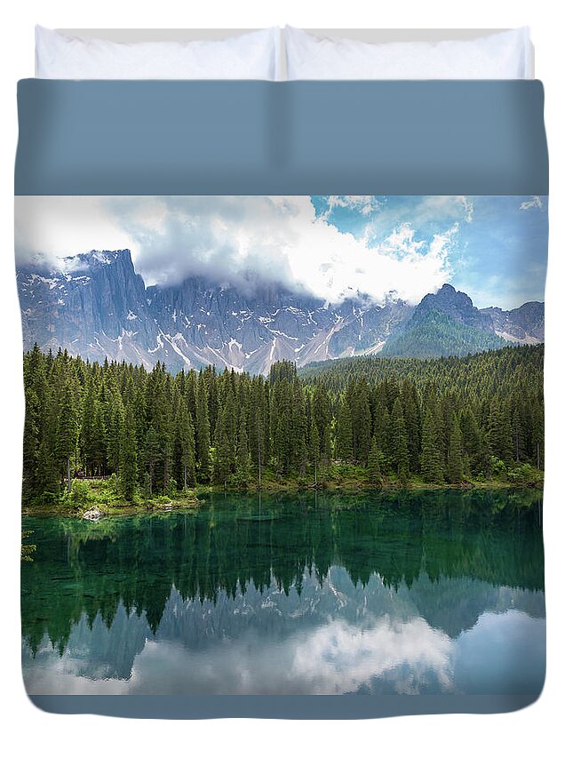 Nature Duvet Cover featuring the photograph Karersee and Latemar by Andreas Levi