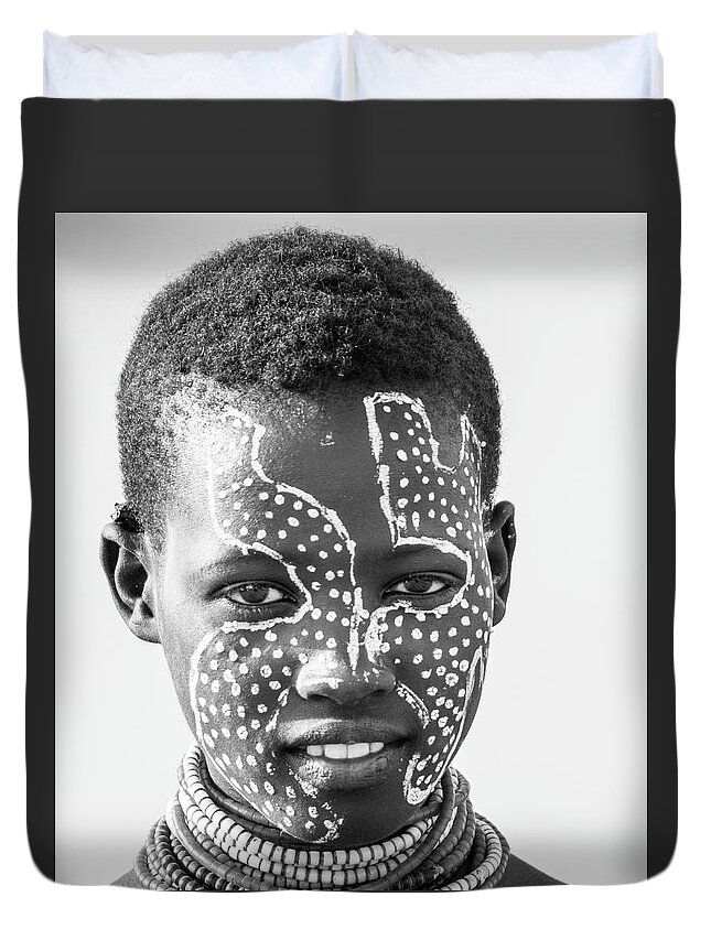 Portrait Duvet Cover featuring the photograph Karo girl face by Mache Del Campo