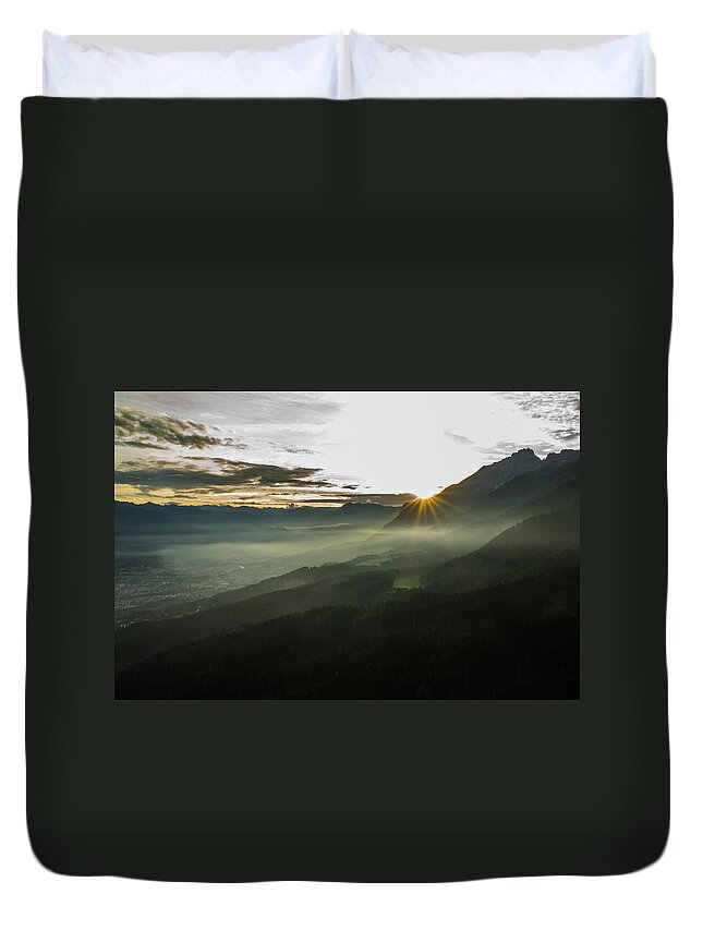 Tranquility Duvet Cover featuring the photograph Karwendel Innsbruck Sunset by P. Medicus