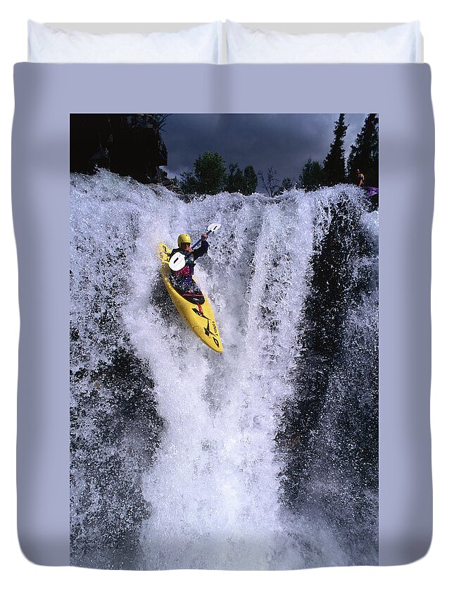 People Duvet Cover featuring the photograph Kayak Flying Over Fall One On Store Ula by Anders Blomqvist