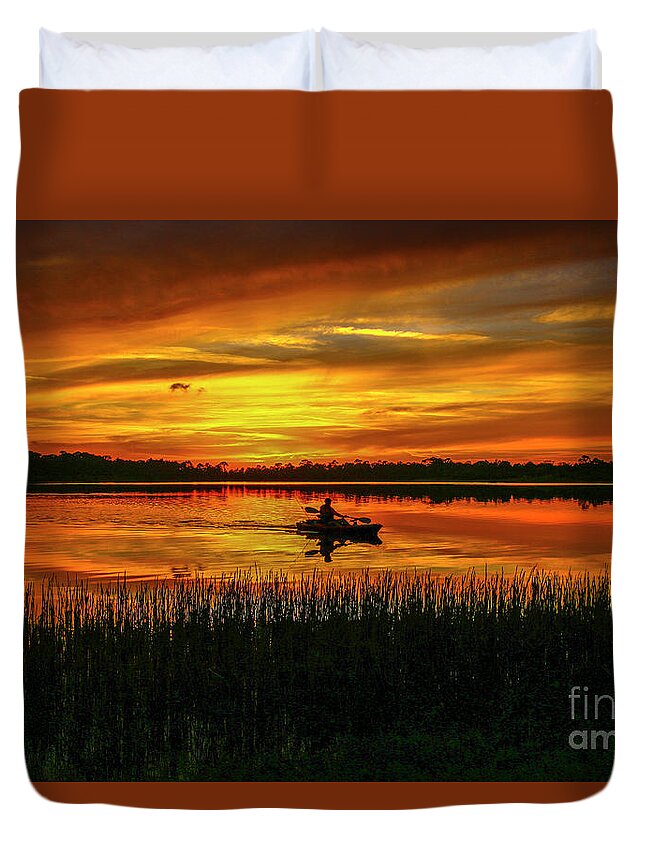Sun Duvet Cover featuring the photograph Kayak Sunset by Tom Claud