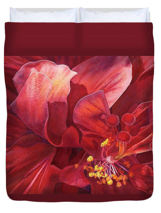 Double Hibiscus Duvet Cover featuring the painting Kilauea's Kiss by Sandy Haight