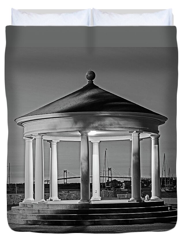 Newport Duvet Cover featuring the photograph King Park Gazebo and Pell Bridge Sunset Newport RI Rhode Island Black and White by Toby McGuire