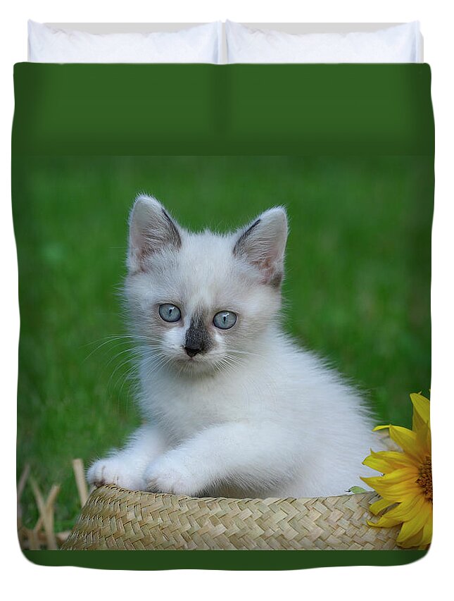 Pets Duvet Cover featuring the photograph Kitten Sitting In Straw Hat by Cornelia Doerr