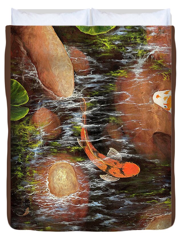 Fish Duvet Cover featuring the painting Koi Pond Left Side by Darice Machel McGuire