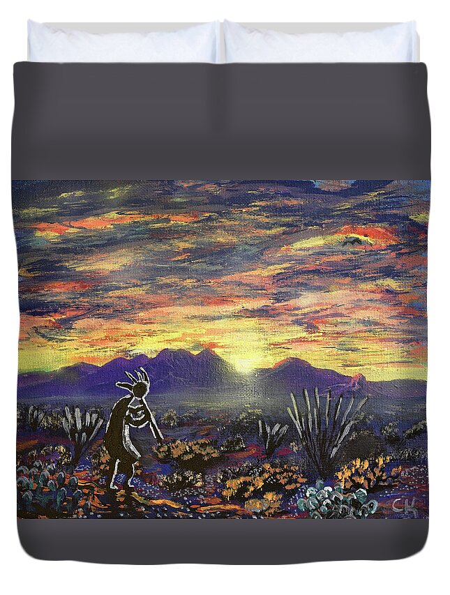 Kokopelli Duvet Cover featuring the painting Kokopelli and an Arizona Sunrise over the Santa Rita Mountains by Chance Kafka