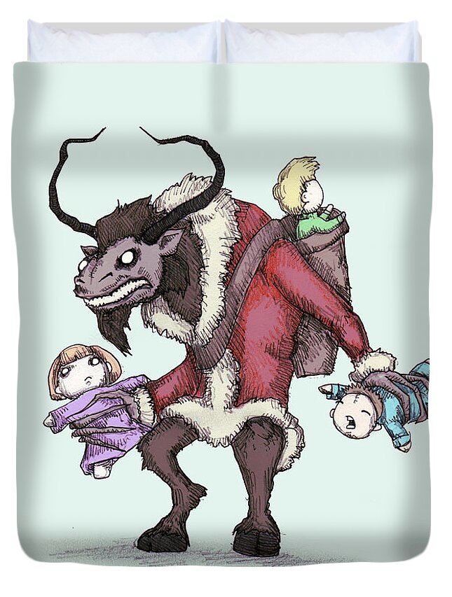 Christmas Duvet Cover featuring the drawing Krampus Plush by Ludwig Van Bacon