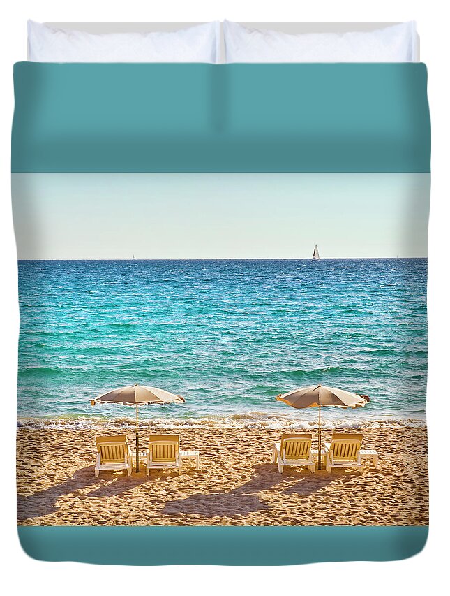 Shadow Duvet Cover featuring the photograph La Croisette Beach, Cannes, Cote Dazur by John Harper