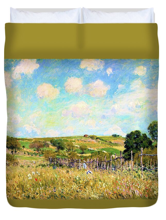 La Prairie Duvet Cover featuring the painting La Prairie - Digital Remastered Edition by Alfred Sisley