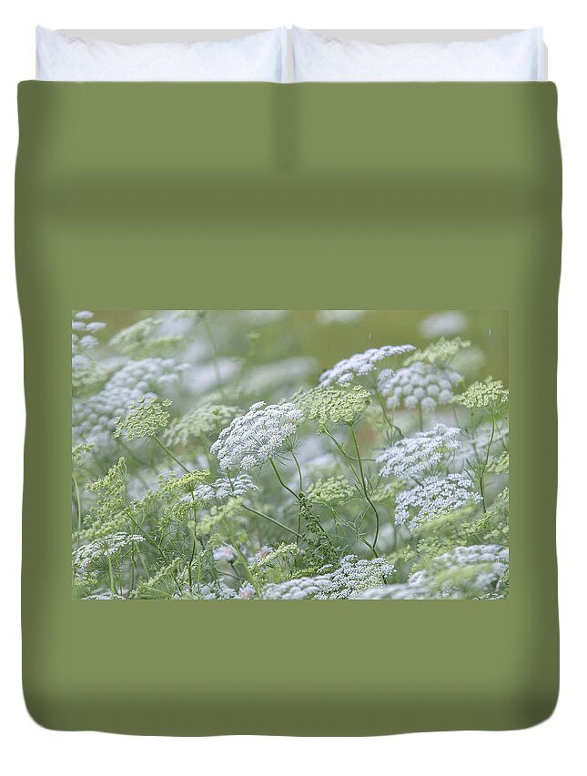Jenny Rainbow Fine Art Photography Duvet Cover featuring the photograph Lacy White Green Blooms of Summer Meadows 5 by Jenny Rainbow