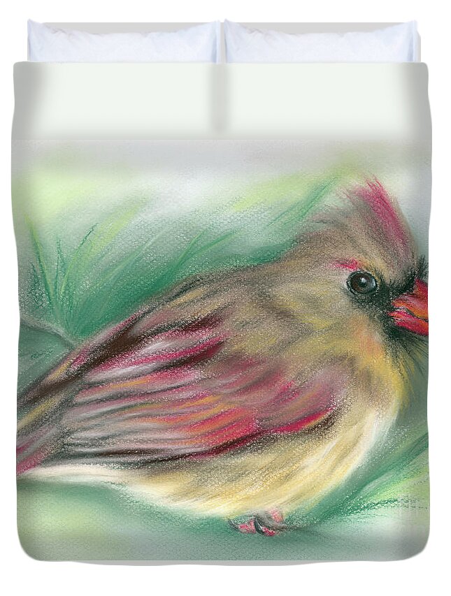 Bird Duvet Cover featuring the painting Lady Cardinal in the Pine by MM Anderson
