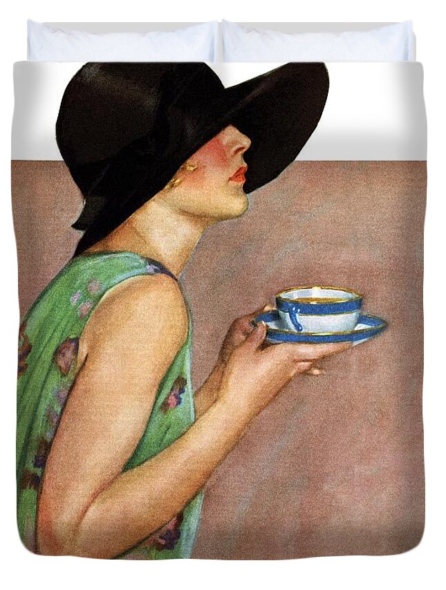 Bonnet Duvet Cover featuring the drawing Lady In Wide Brim Hat Holding Tea Cup by Penrhyn Stanlaws