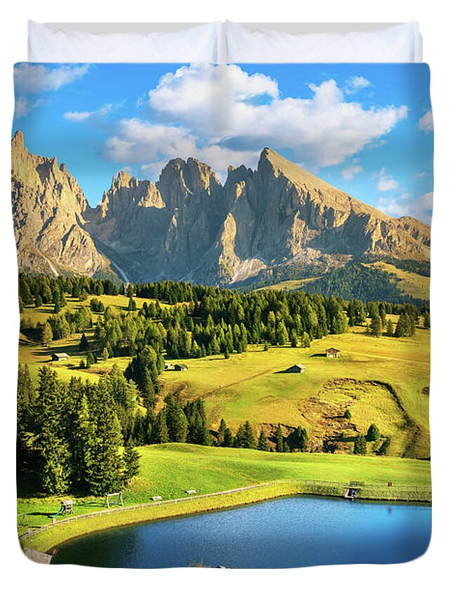 Alpe Duvet Cover featuring the photograph Lake and Mountains in Alpe di Siusi by Stefano Orazzini