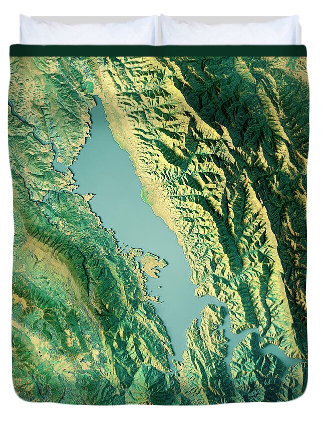 Lake Berryessa Duvet Cover featuring the digital art Lake Berryessa 3D Render Topographic Map Color by Frank Ramspott