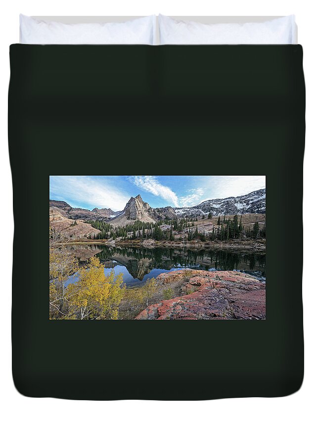 Utah; Landscape; Aspen; Autumn; Fall; Foliage; Granite; Yellow; Golden; Orange; Glow; Blue; Leaves; Wasatch Mountains; Little Cottonwood Canyon; Duvet Cover featuring the photograph Lake Blanche and the Sundial - Big Cottonwood Canyon, Utah - October '06 by Brett Pelletier