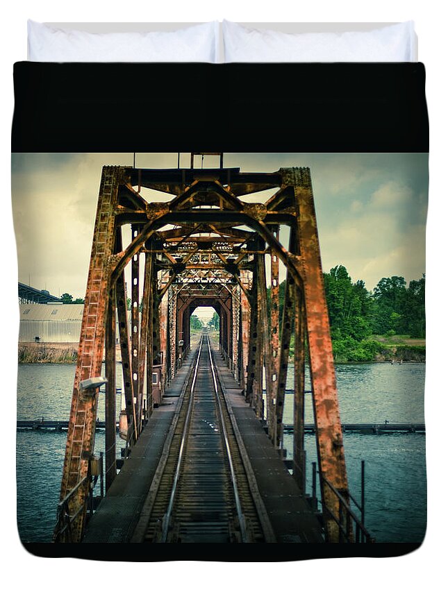 Tranquility Duvet Cover featuring the photograph Lake Charles Railroad Bridge by Hal Bergman Photography