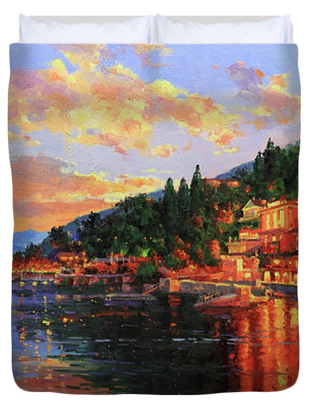 Italy Lake Como Bellagio Sunset Lake Lakecomo Sunset Dusk Sky Clouds Village Water Photographs Lake Como Original Italy Oil Painting Bellagio Sunset Lake Alps Lago Como Sky Clouds Buildings City Town Village Water Wall Art Framed Prints Old Village Paintings Landscape Cityscape Scenic Romantic Tuscany Oil Landscape Poppy Olive Village Chianti Wall Art Posters Tuscany Old Village Paintings Landscape Cityscape Scenic Romantic Europe European Artist Gary Kim Canvas Original Oil Painting Art Duvet Cover featuring the painting Lake Como Sunset by Gary Kim