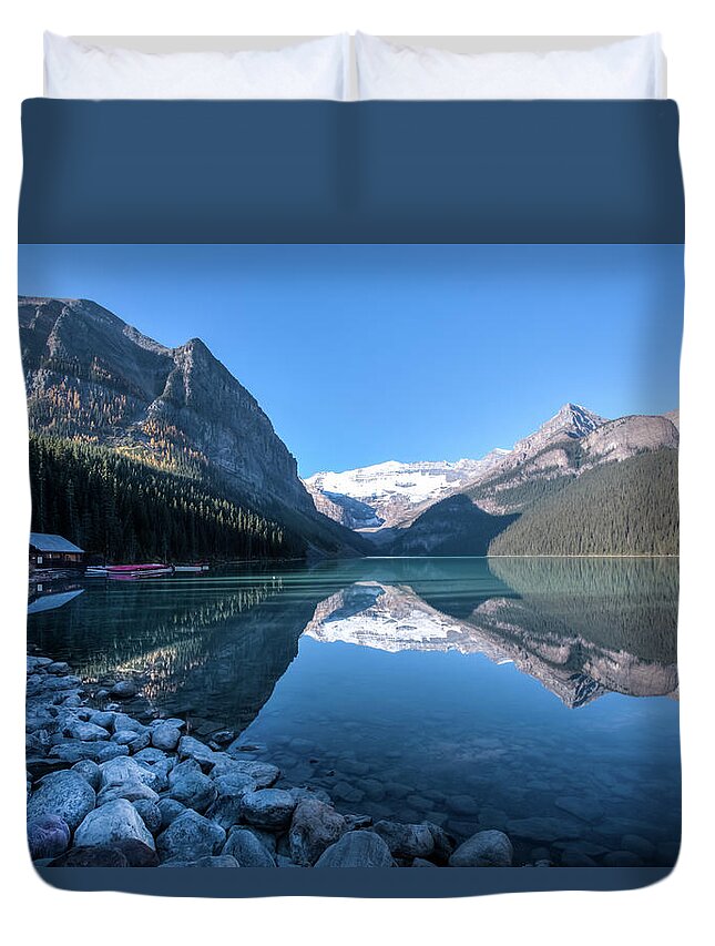 Scenics Duvet Cover featuring the photograph Lake Louise Boathouse by © Copyright 2011 Sharleen Chao