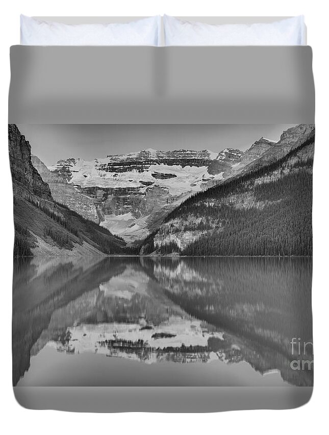 Lake Louise Duvet Cover featuring the photograph Lake Louise Summer 2019 Sunrise Panorama Black And White by Adam Jewell