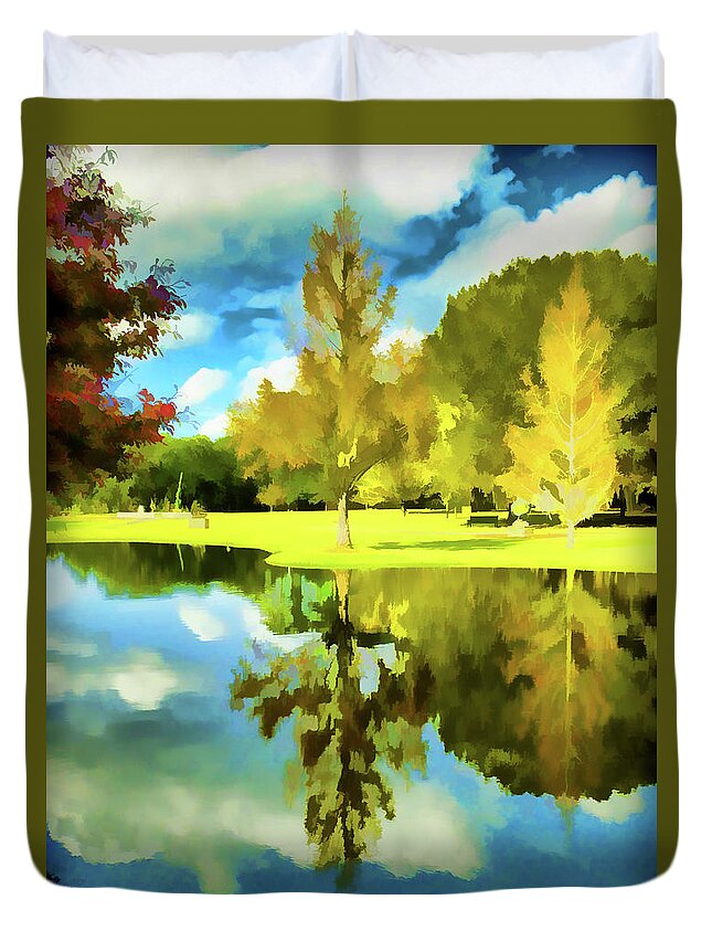 Lake Duvet Cover featuring the photograph Lake Reflection - Faux Painted by Bill Barber