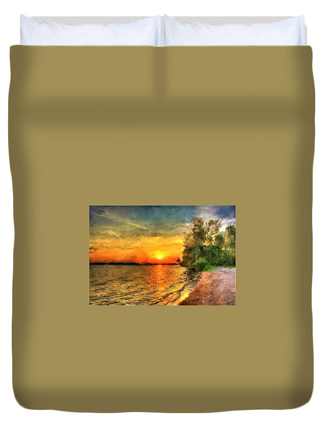 Sunset Duvet Cover featuring the painting Lake Sunset by Diane Chandler