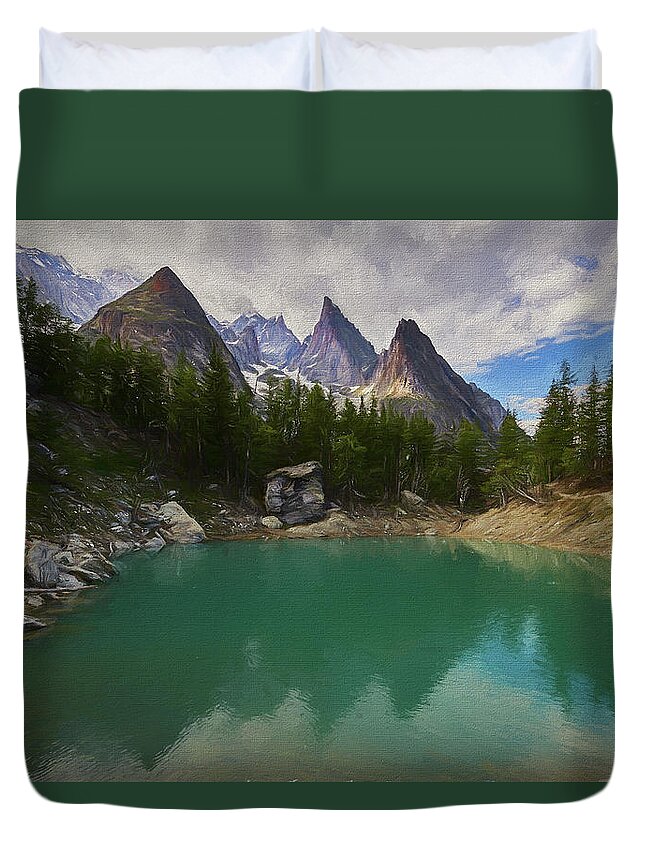 Lago Verde Duvet Cover featuring the digital art Lake Verde in the Alps II by Jon Glaser