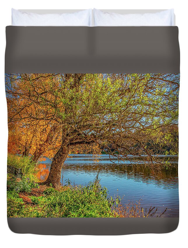 Lake Junaluska Duvet Cover featuring the photograph Lake View From the Bench by Marcy Wielfaert