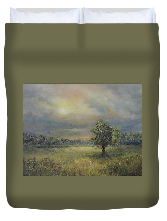 Wall Art Duvet Cover featuring the painting Landscape of a Meadow with sun and trees by Katalin Luczay