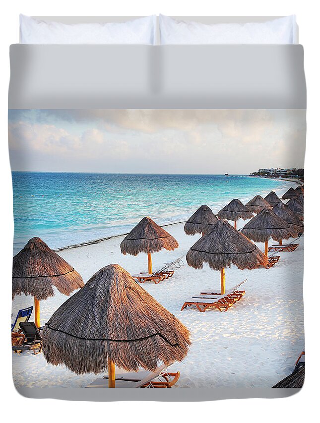 Southern Mexico Duvet Cover featuring the photograph Large Tropical Beach With Palapas by Buzbuzzer