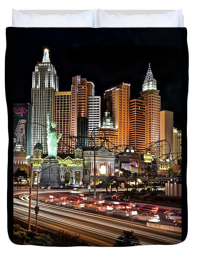 Land Vehicle Duvet Cover featuring the photograph Las Vegas - New York New York & Lights by Luís Henrique Boucault