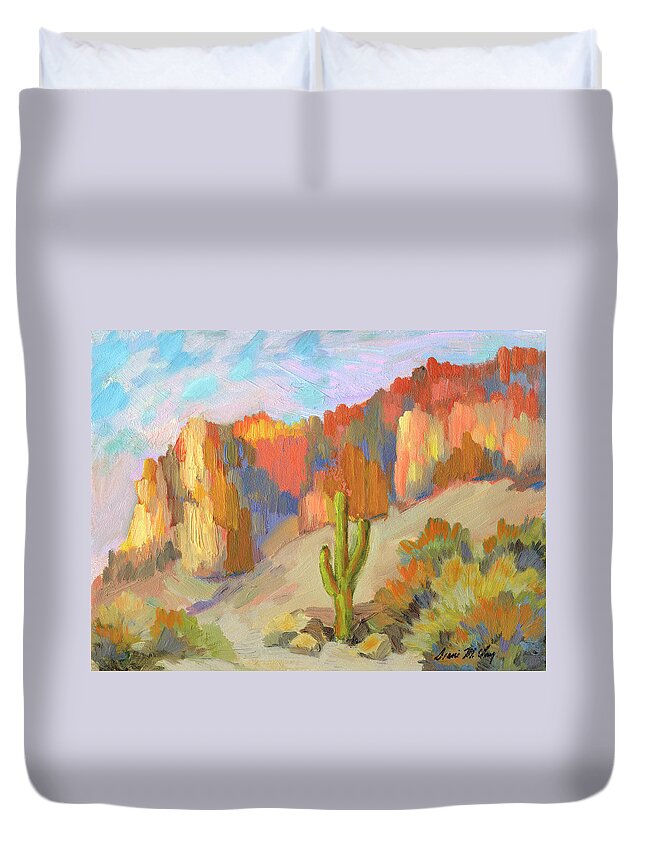 Landscape Duvet Cover featuring the painting Late afternoon Superstition Mountains by Diane McClary