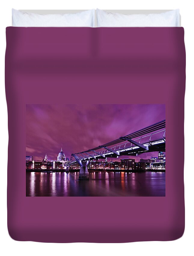 London Millennium Footbridge Duvet Cover featuring the photograph Late Evening Purple Sky Over Millennium by By Nguyen Dinh Quoc-huy @qhphotography