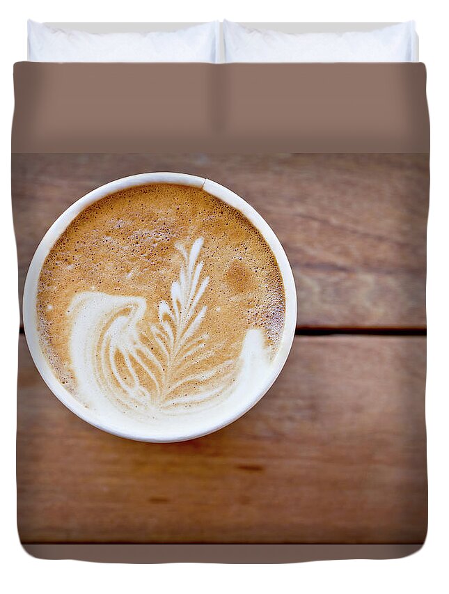 Milk Duvet Cover featuring the photograph Latte With Wooden Background by Grandriver