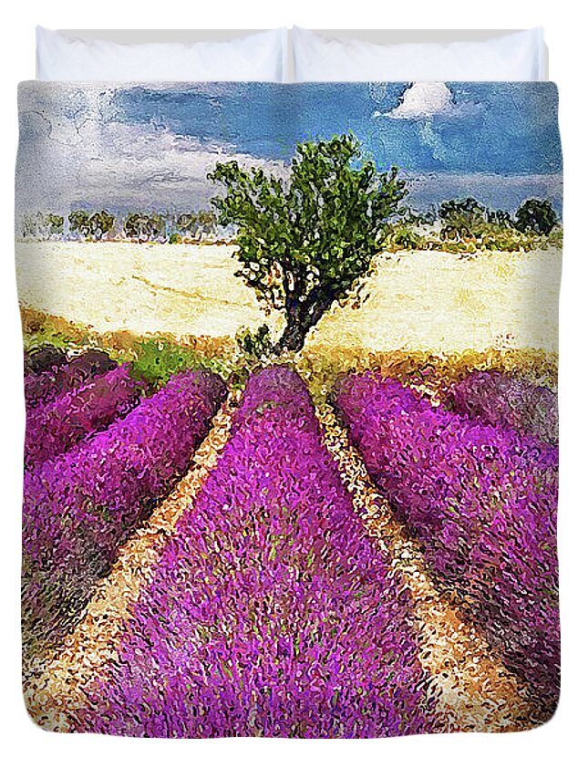 Lavender Duvet Cover featuring the painting Lavender fields - 07 by AM FineArtPrints